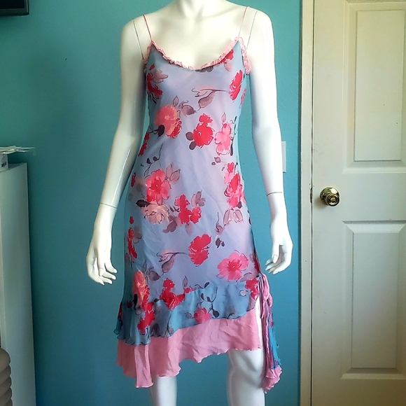 Express Floral Silk Dress w/ asymmetric ruffle hem - Picture 2 of 4
